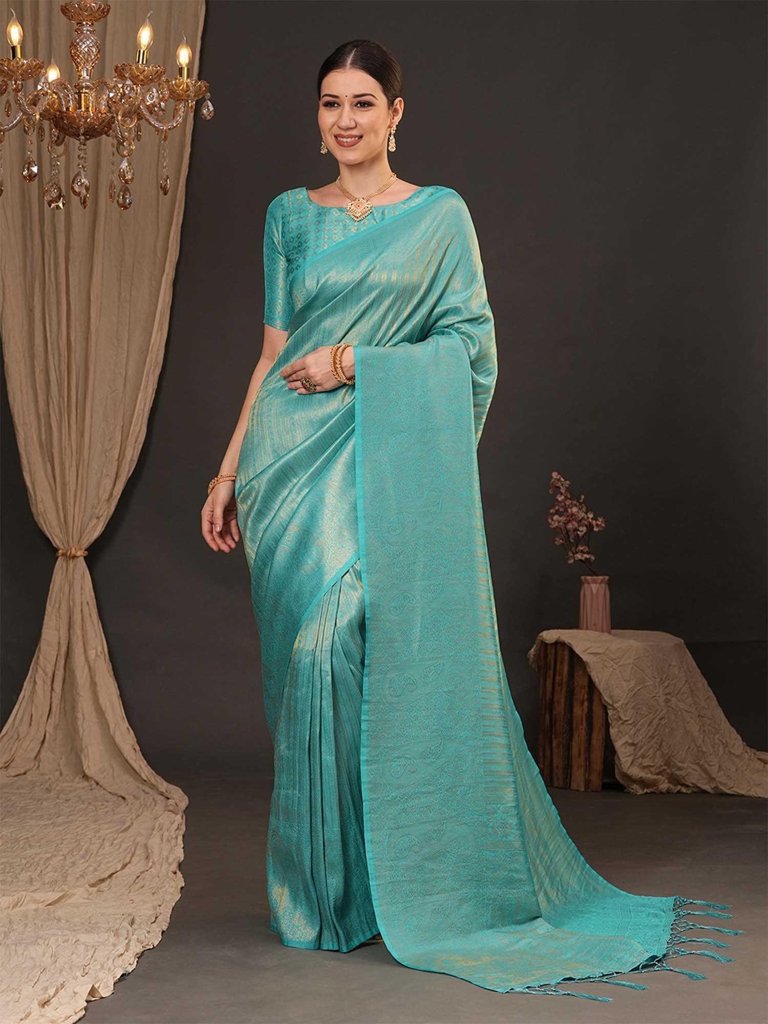 Light Blue Light Kanjeevaram Silk Blend Woven Saree