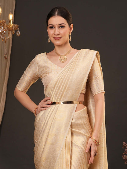 Cream Kanjeevaram Silk Blend Woven Saree