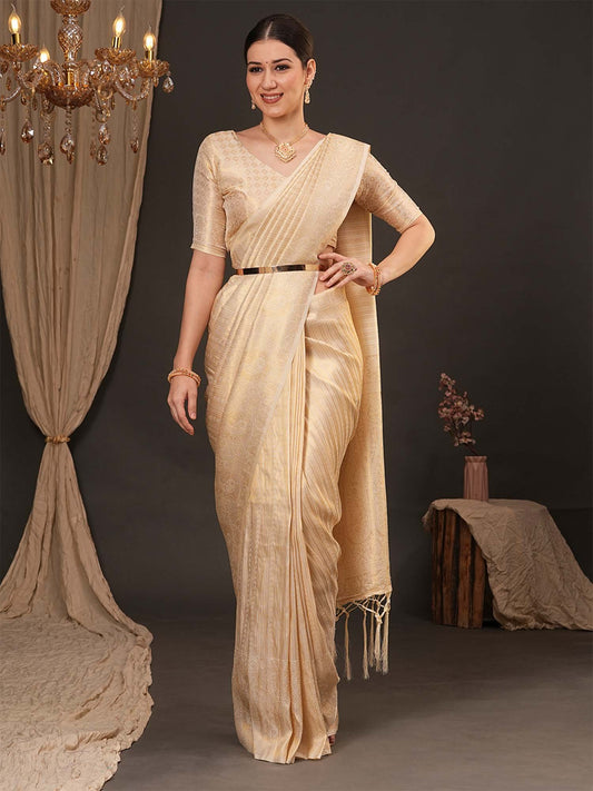 Cream Cream Kanjeevaram Silk Blend Woven Saree