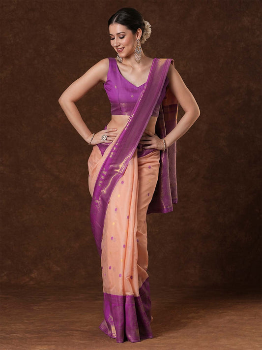 Pink Peach Maheshwari Cotton Blend Woven Saree