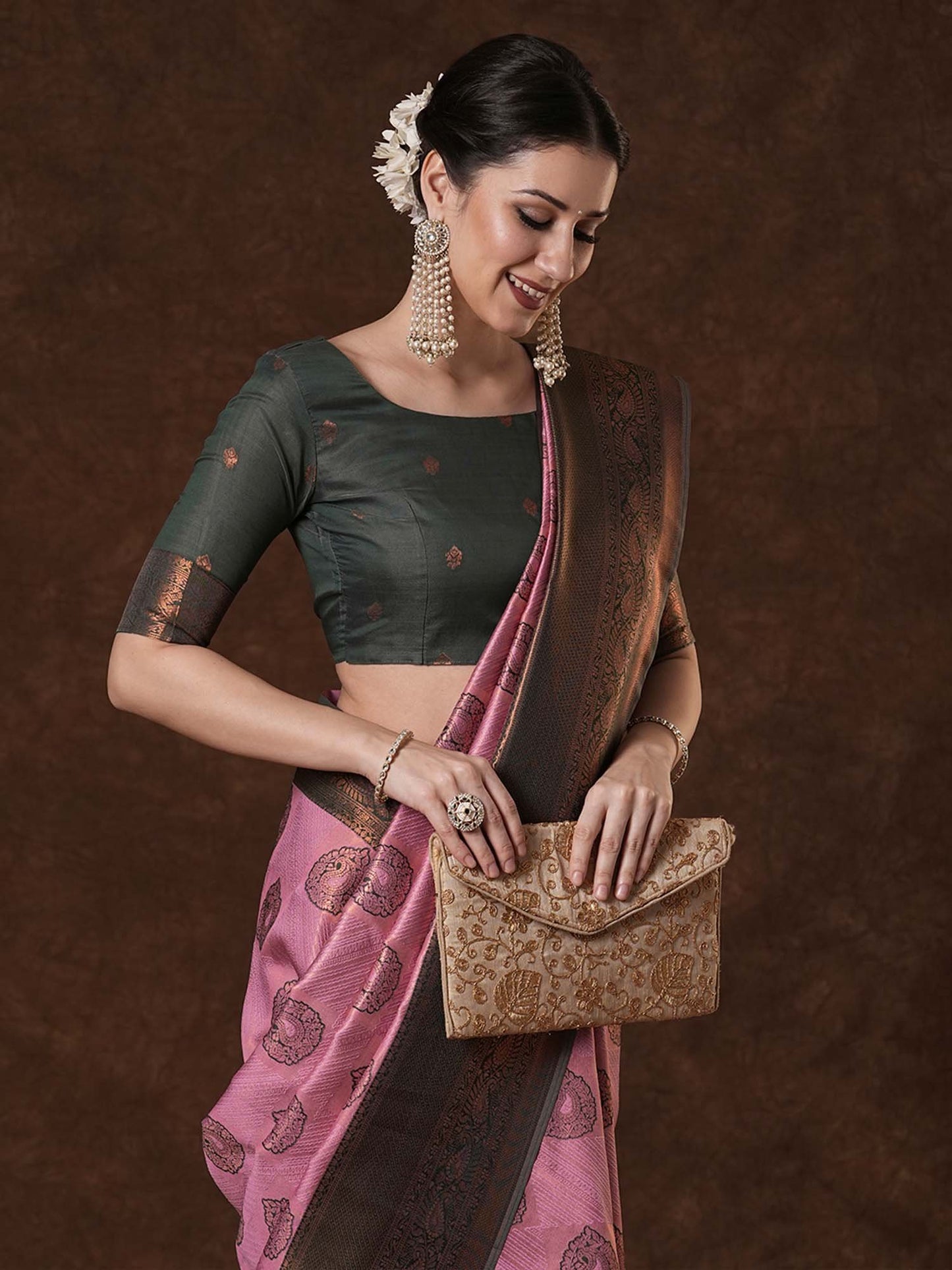 Pink Kanjeevaram Banarasi Silk Woven Saree