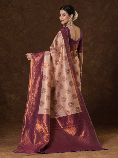 Cream Kanjeevaram Banarasi Silk Woven Saree