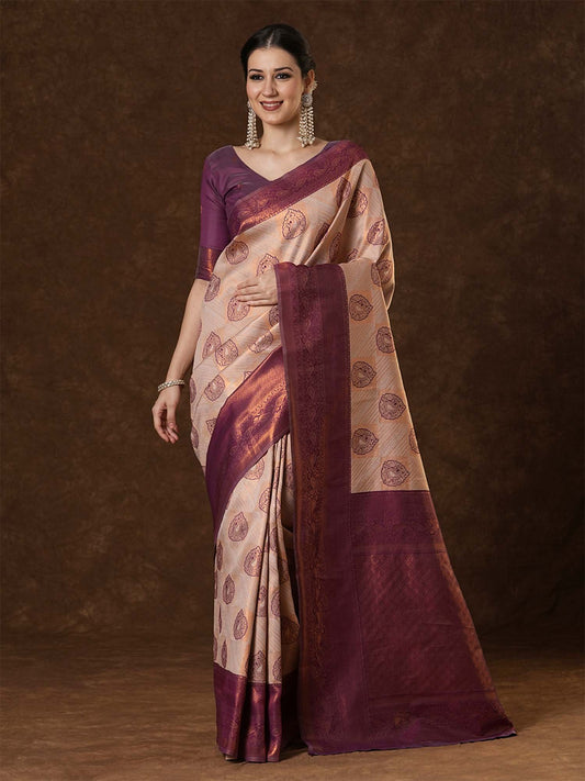 Cream Cream Kanjeevaram Banarasi Silk Woven Saree