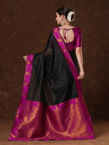 Black Maheshwari Cotton Blend Woven Saree