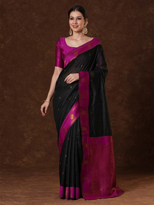 Black Black Maheshwari Cotton Blend Woven Saree