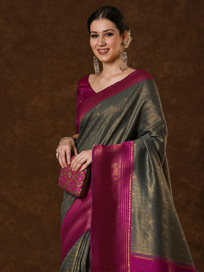 Grey Kanjeevaram Banarasi Silk Woven Saree