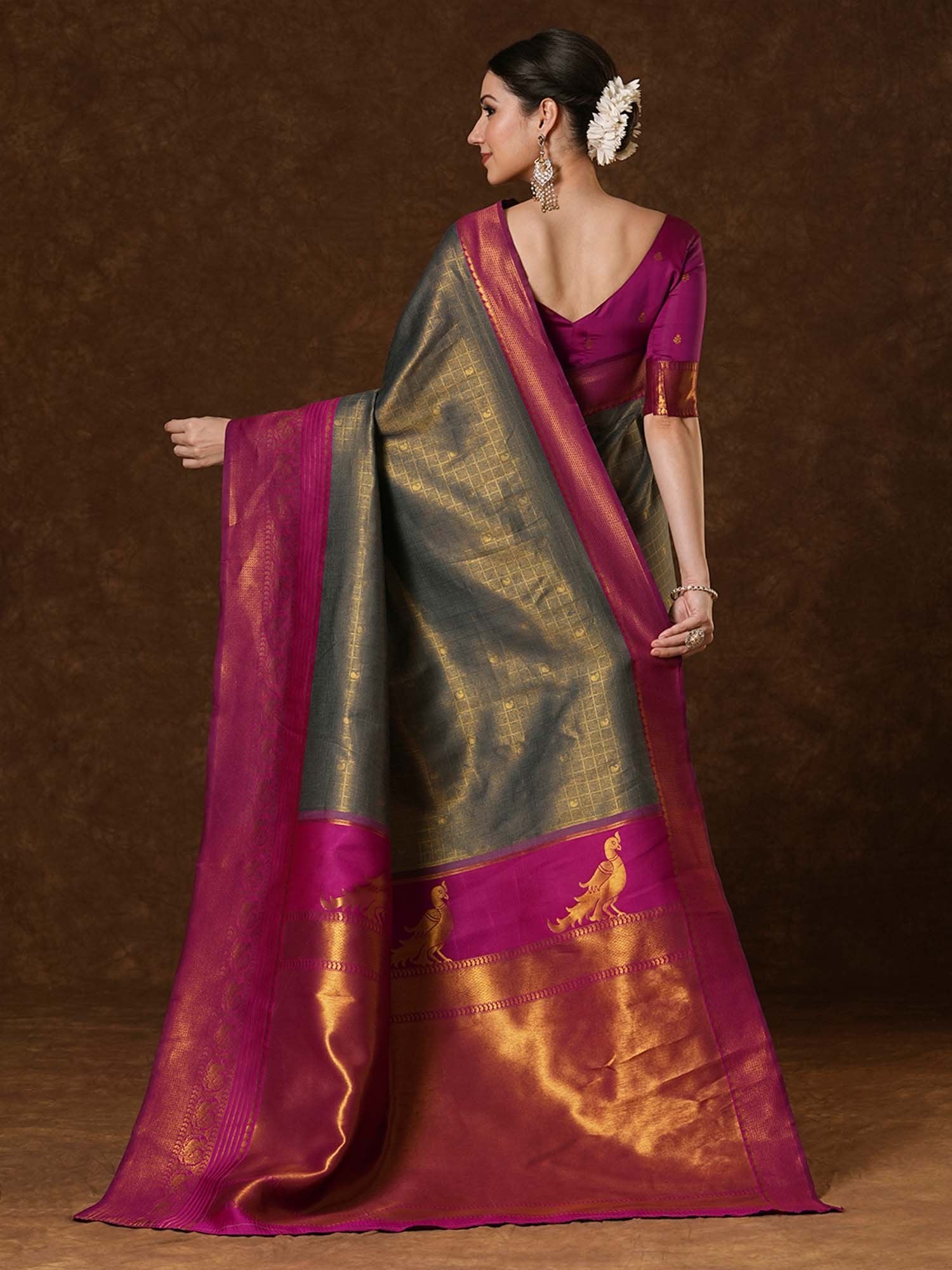Grey Kanjeevaram Banarasi Silk Woven Saree