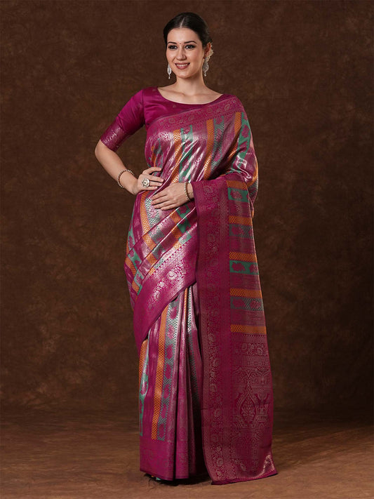 Pink Pink Kanjeevaram Banarasi Silk Woven Saree