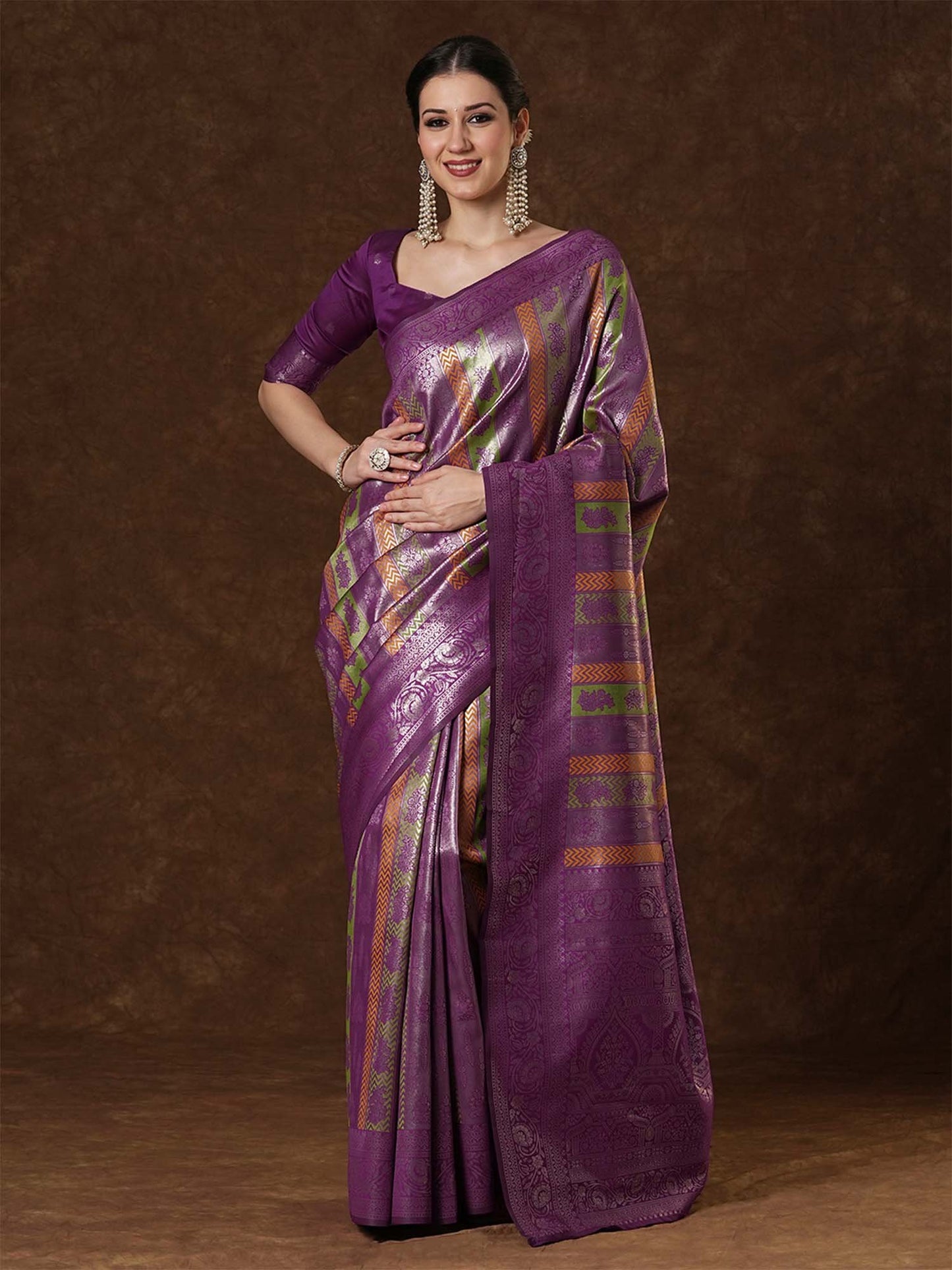 Purple Purple Kanjeevaram Banarasi Silk Woven Saree