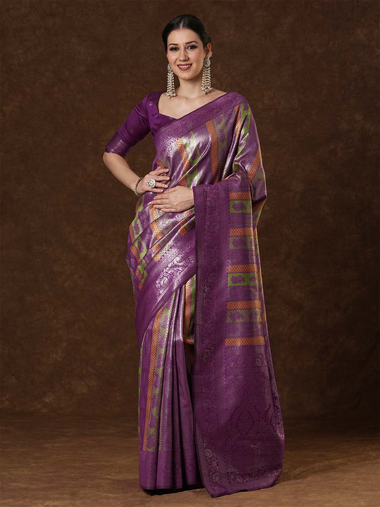 Purple Purple Kanjeevaram Banarasi Silk Woven Saree