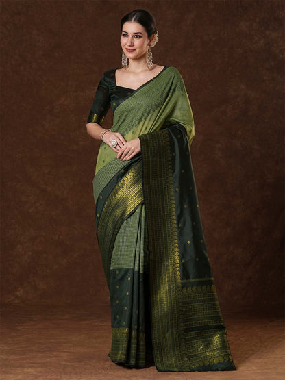 Green Dark Venkatgiri Cotton Blend Woven Saree