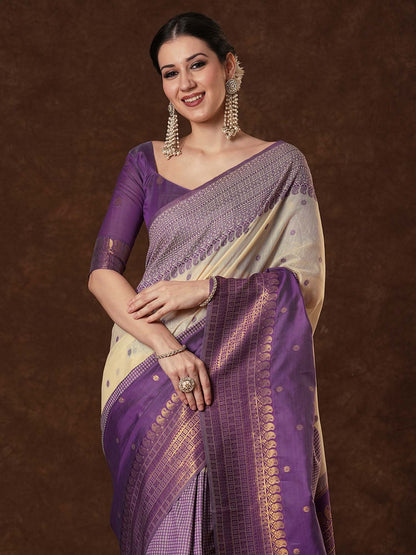 Purple Venkatgiri Cotton Blend Woven Saree