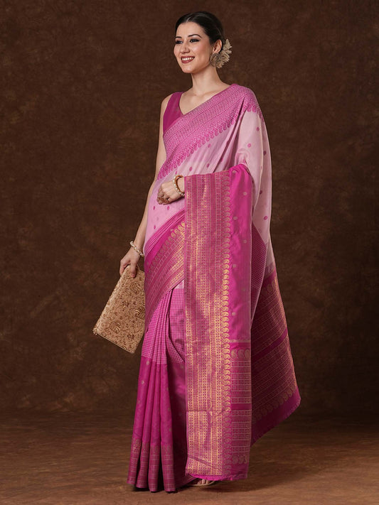 Pink Pink Venkatgiri Cotton Blend Woven Saree