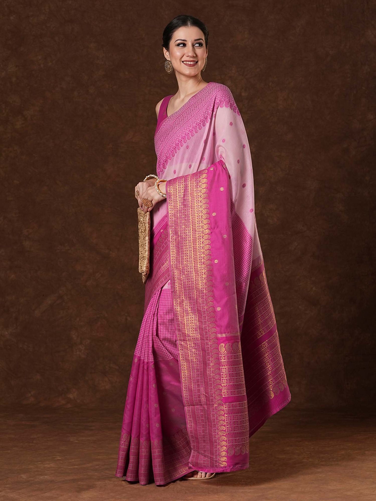 Pink Venkatgiri Cotton Blend Woven Saree