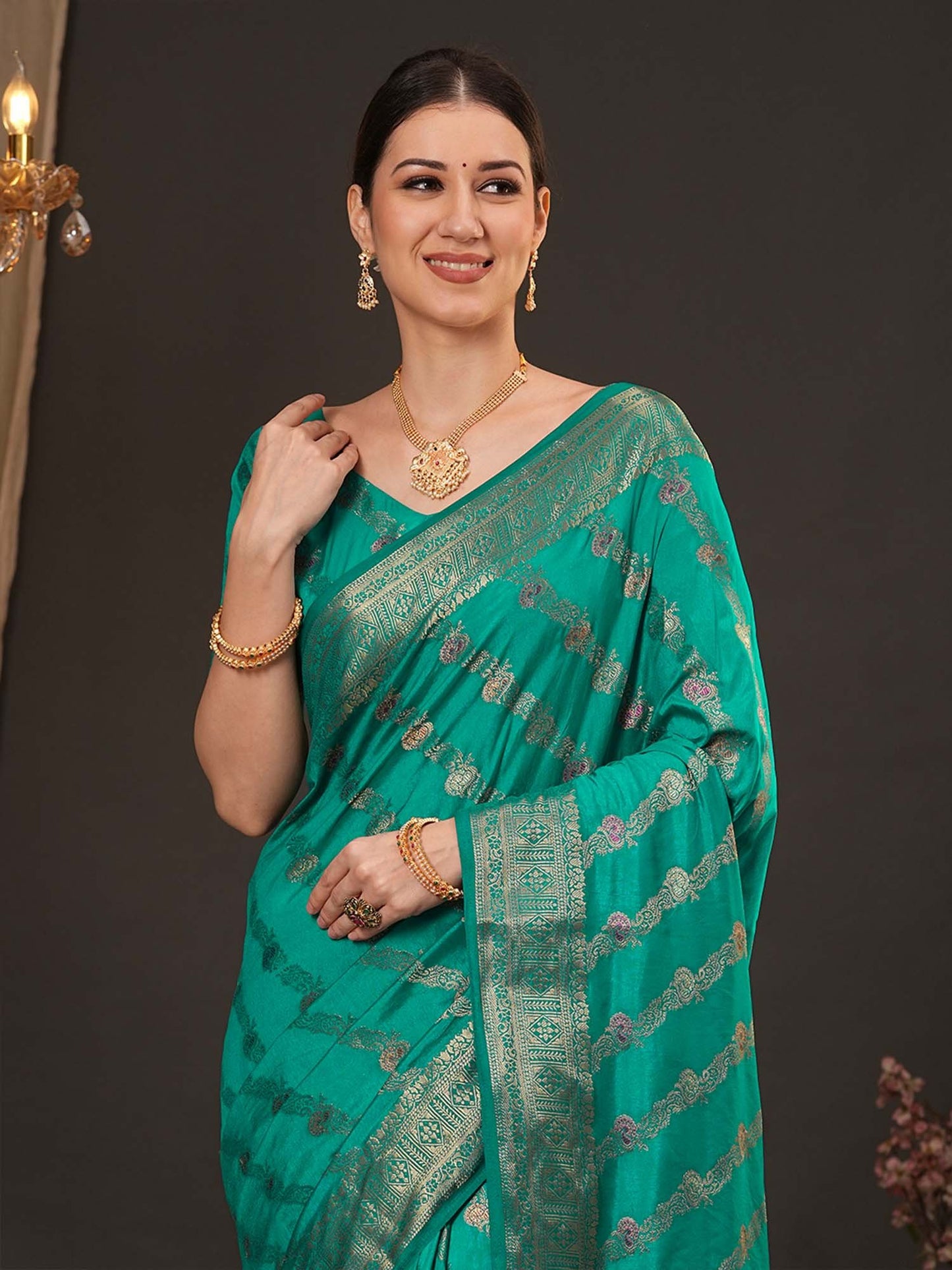 Turquoise Banarasi Dola Silk Woven Saree