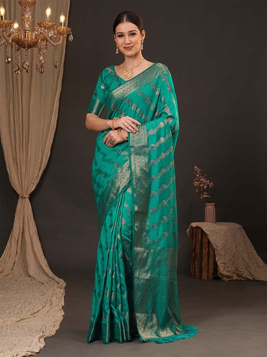 Blue Turquoise Banarasi Dola Silk Woven Saree