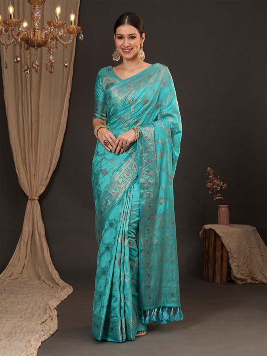 Blue Light Banarasi Dola Silk Woven Saree
