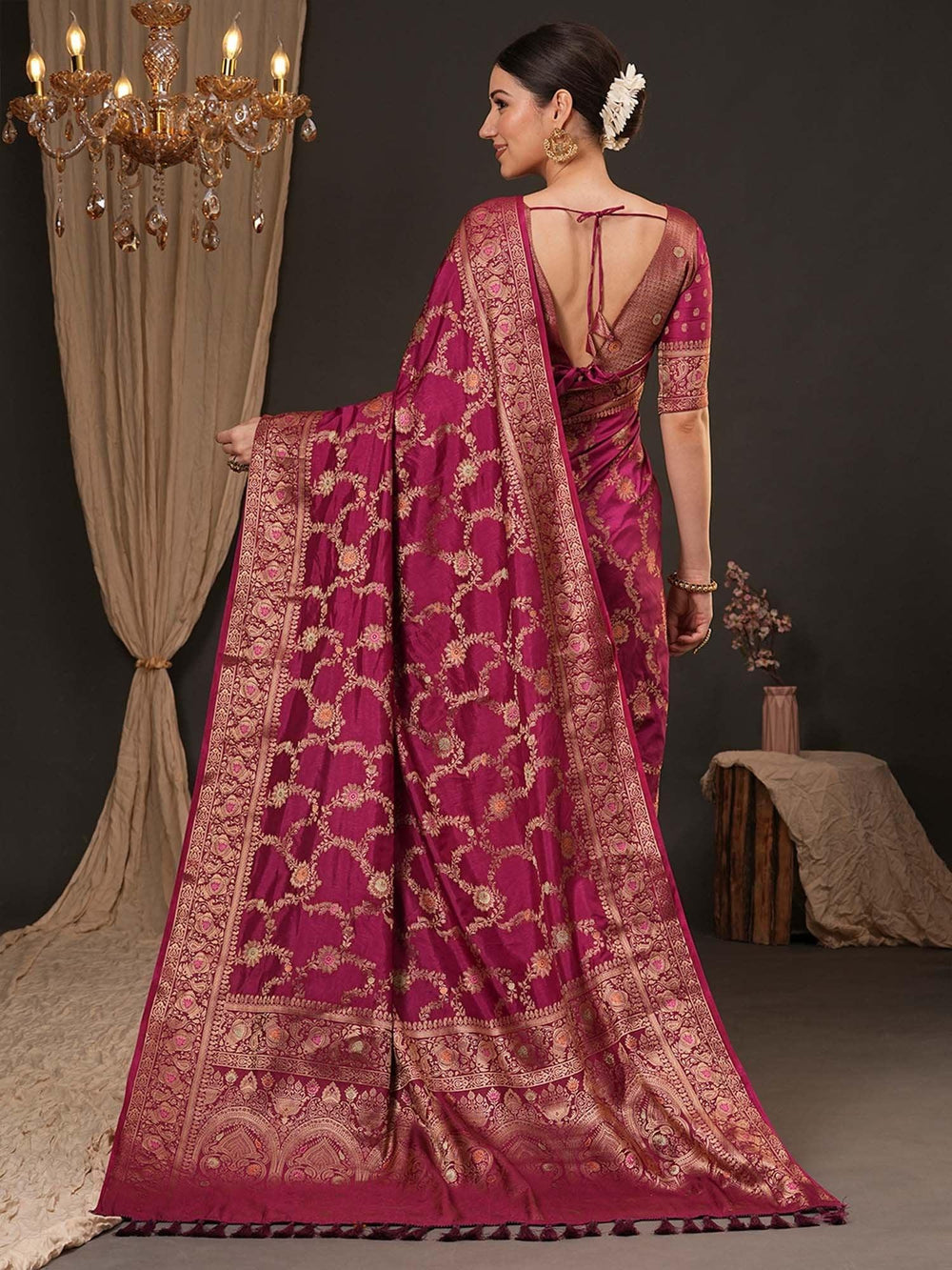 Magenta Banarasi Dola Silk Woven Saree - The Dori Store