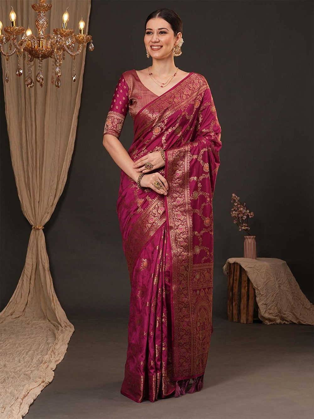 Magenta Banarasi Dola Silk Woven Saree - The Dori Store