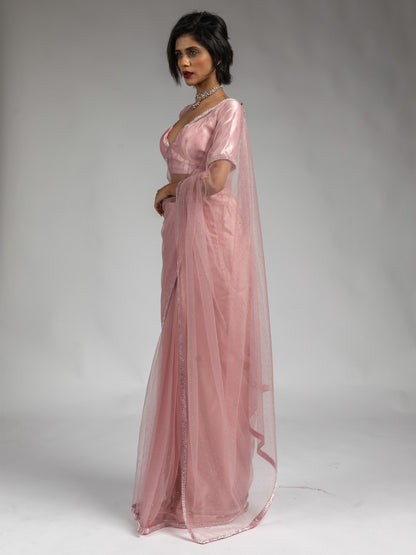 Pink Party Wear Net Embellished Saree