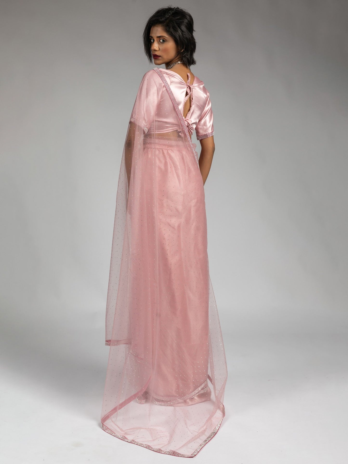 Pink Party Wear Net Embellished Saree