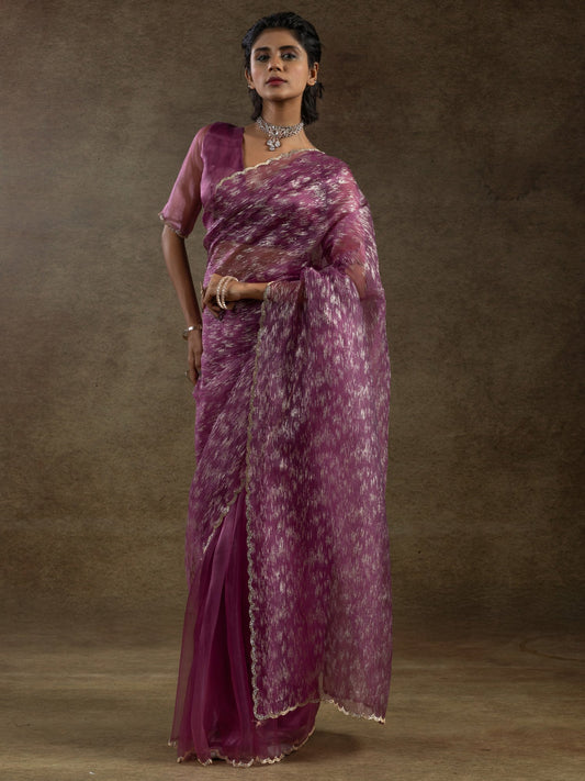 Purple Purple Party Wear Organza Embellished Saree