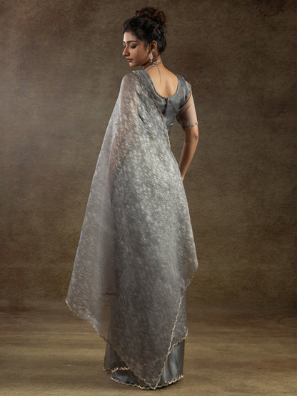 Grey Party Wear Organza Embellished Saree