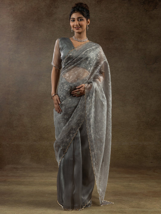 Grey Grey Party Wear Organza Embellished Saree