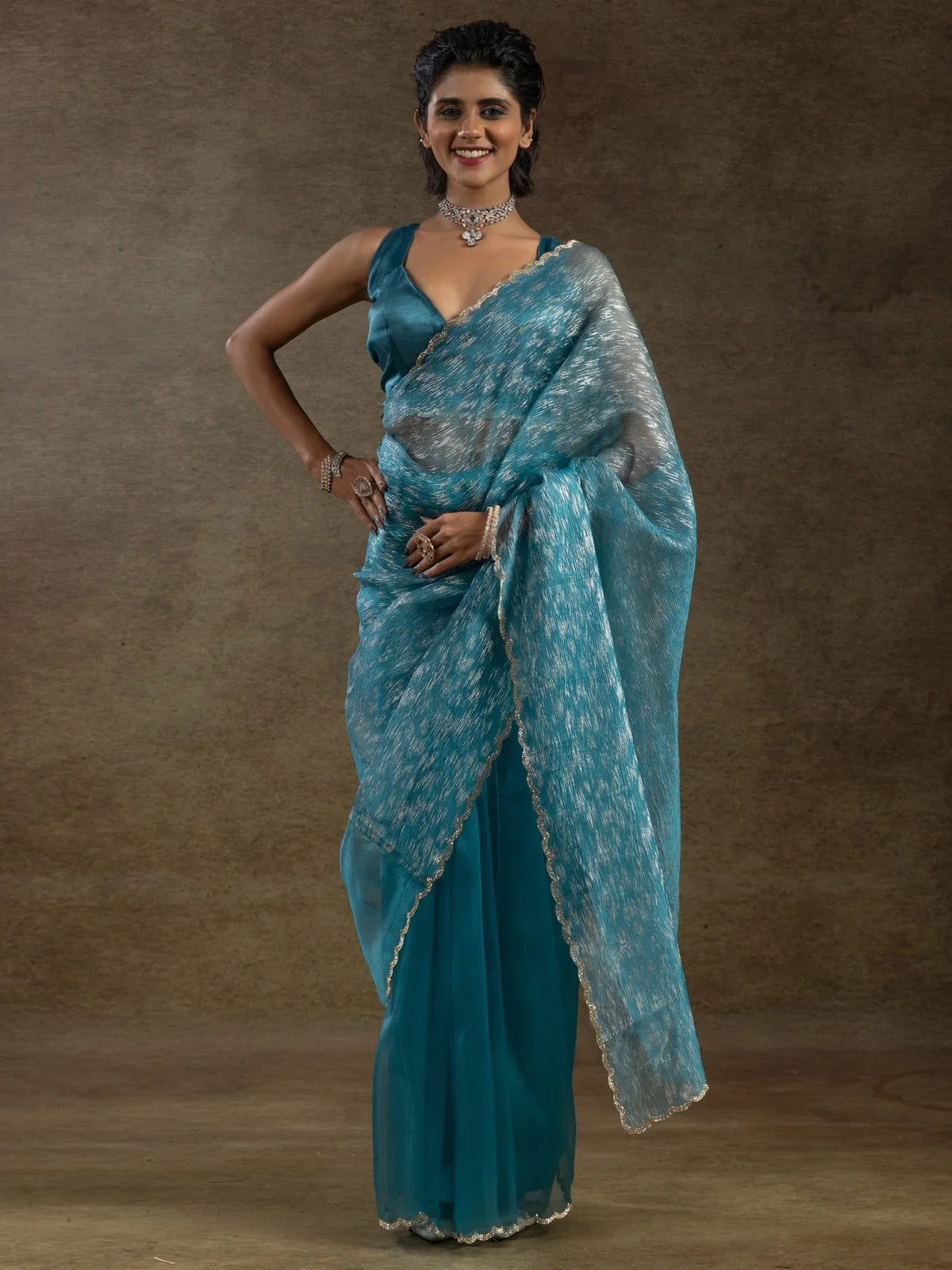 Blue Light Party Wear Organza Embellished Saree
