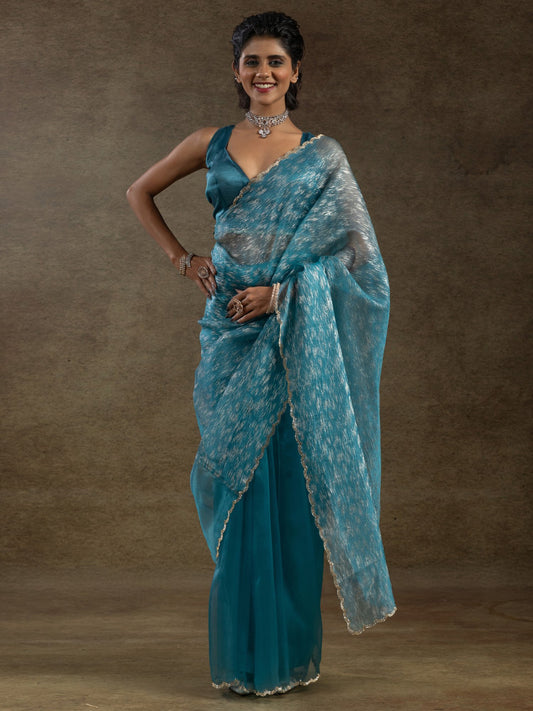 Blue Light Party Wear Organza Embellished Saree