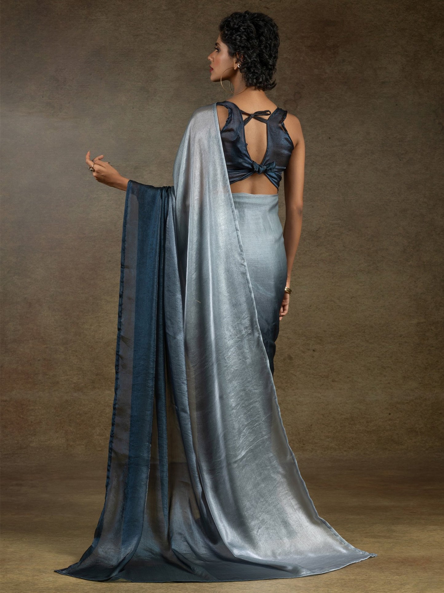 Grey Party Wear Satin Silk Half & Half Saree