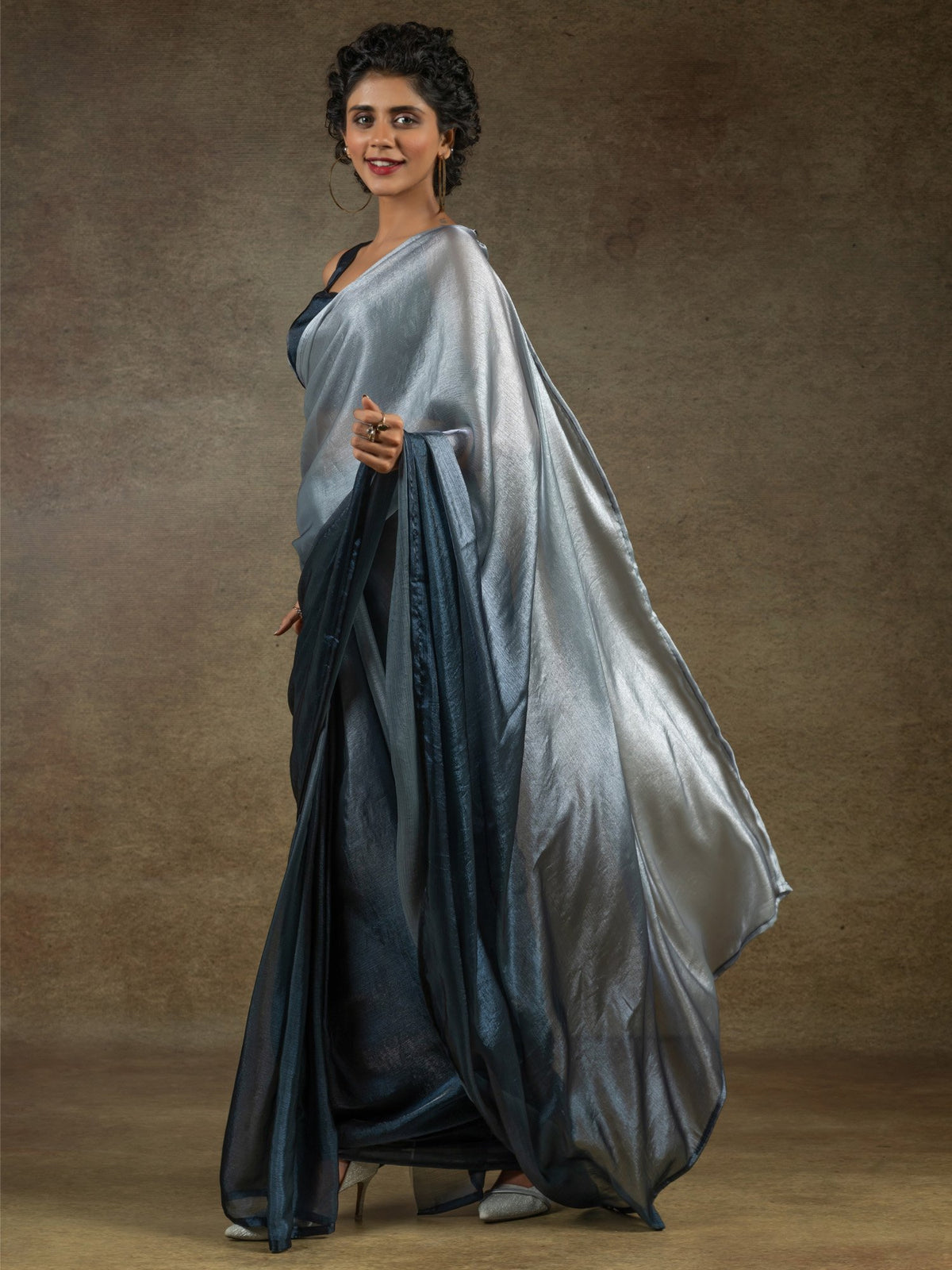 Grey Grey Party Wear Satin Silk Half & Half Saree