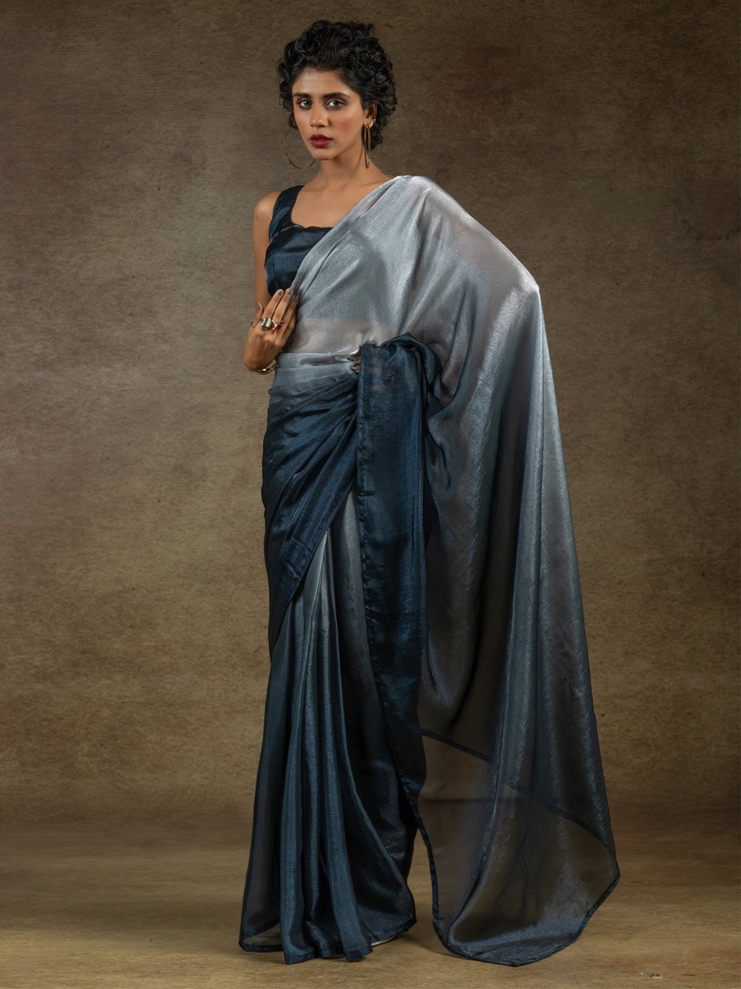 Grey Party Wear Satin Silk Half & Half Saree