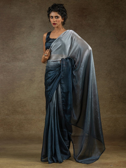 Grey Party Wear Satin Silk Half & Half Saree