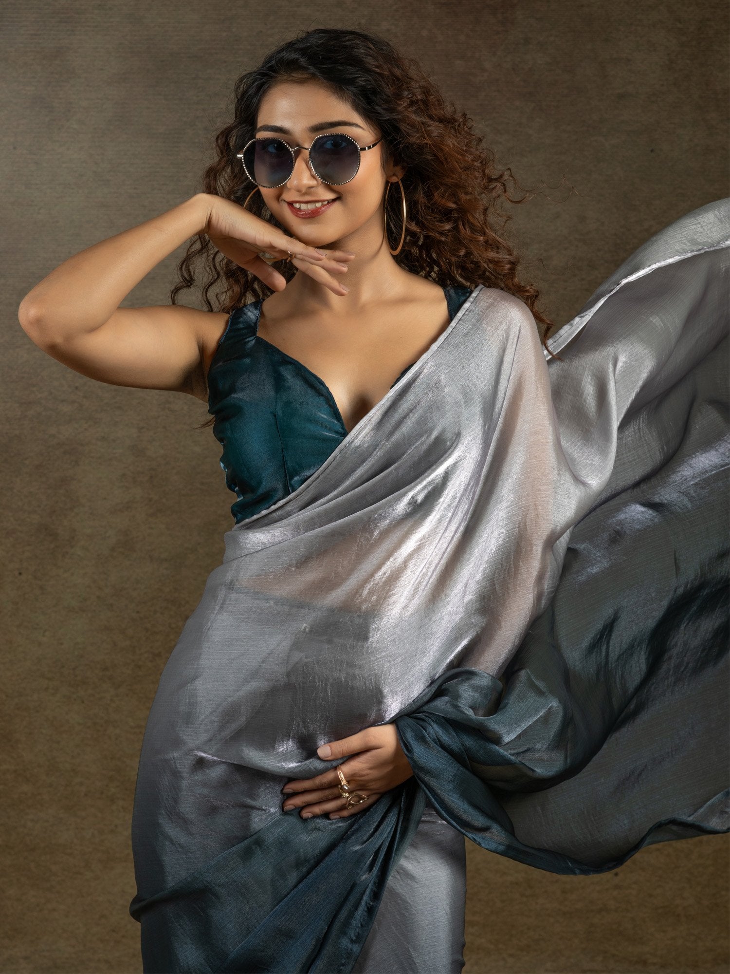 Silver Party Wear Satin Silk Ready To Wear Saree