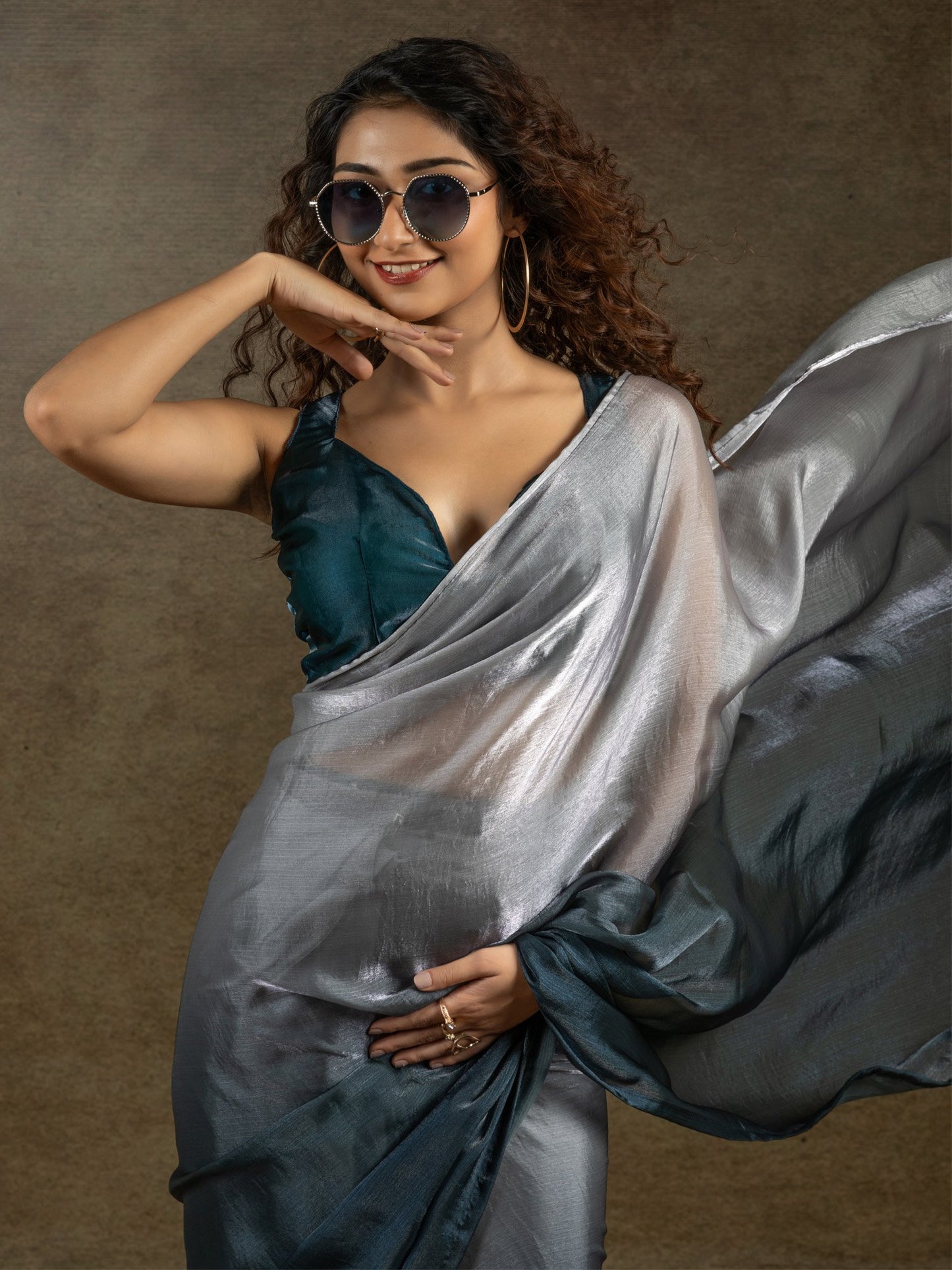 Silver Party Wear Satin Silk Half & Half Saree
