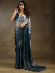Grey Silver Party Wear Satin Silk Half & Half Saree