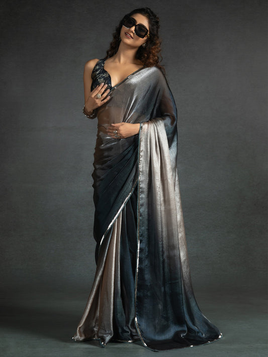 Grey Beige Party Wear Satin Silk Embellished Saree