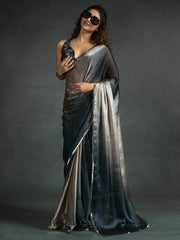 Grey Beige Party Wear Satin Silk Embellished Saree