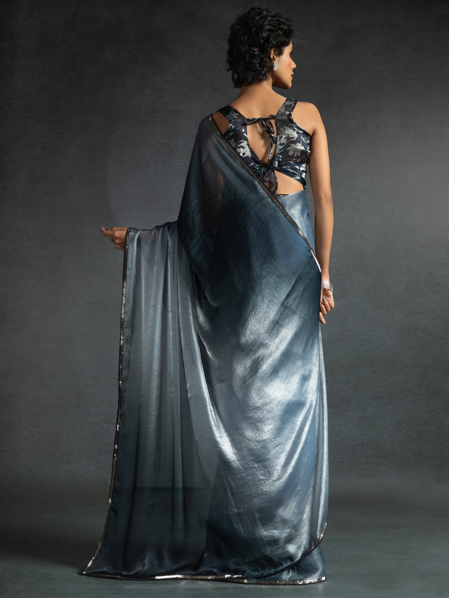 Silver Party Wear Satin Silk Embellished Saree