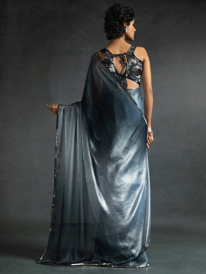 Silver Party Wear Satin Silk Embellished Saree