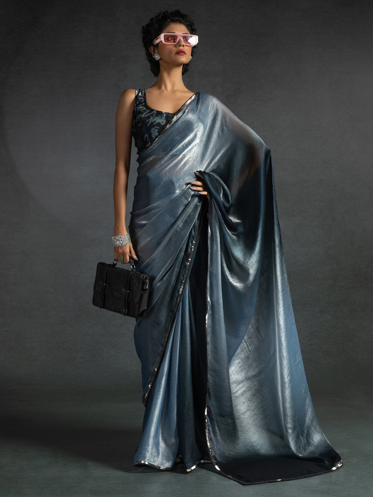 Grey Silver Party Wear Satin Silk Embellished Saree