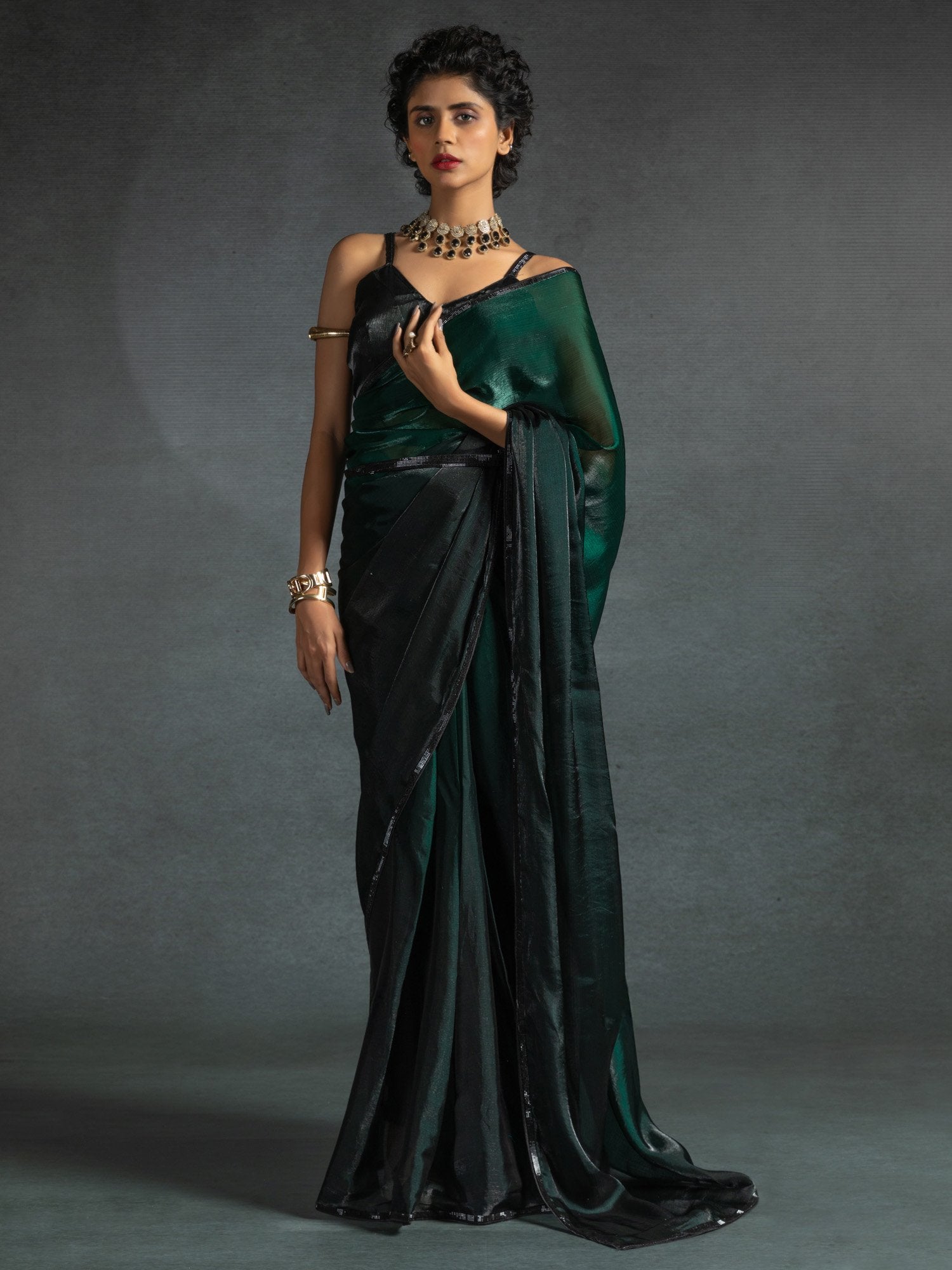 Green Green Party Wear Satin Silk Embellished Saree