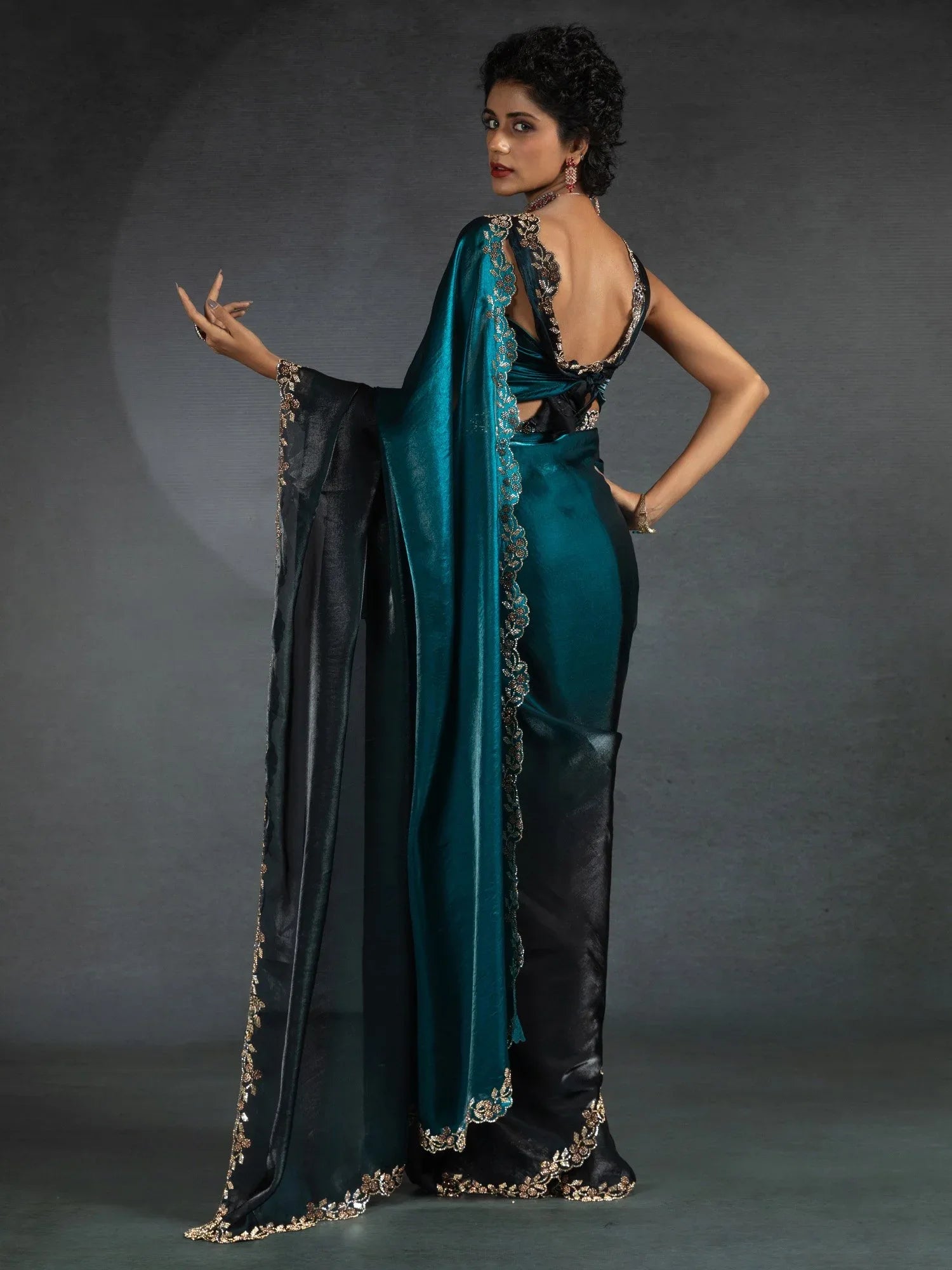 Teal Blue Party Wear Satin Silk Embellished Saree