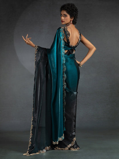 Teal Party Wear Satin Silk Embellished Saree