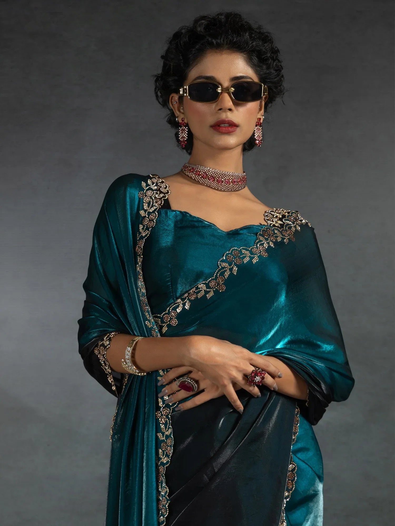 Teal Blue Party Wear Satin Silk Embellished Saree