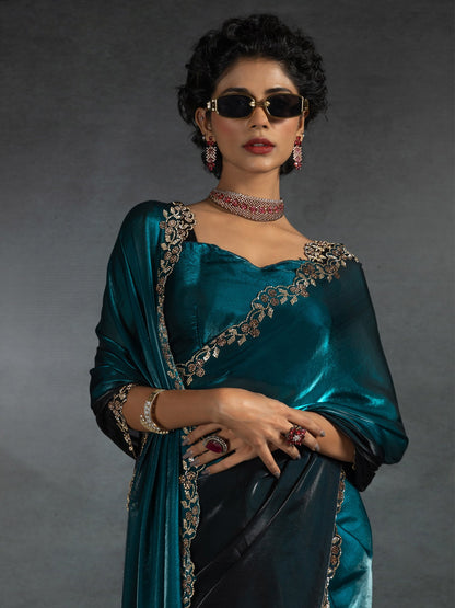 Teal Party Wear Satin Silk Embellished Saree