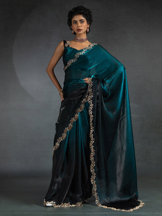 Blue Teal Party Wear Satin Silk Embellished Saree