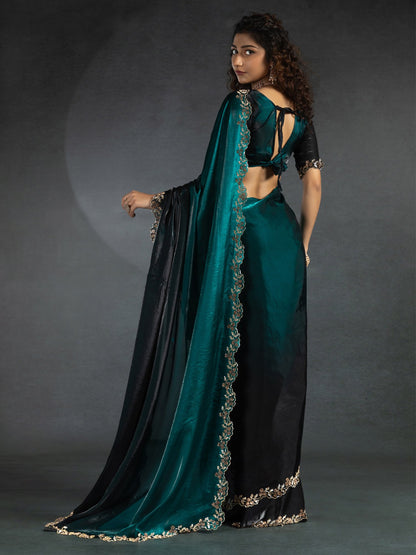 Teal Party Wear Satin Silk Embellished Saree