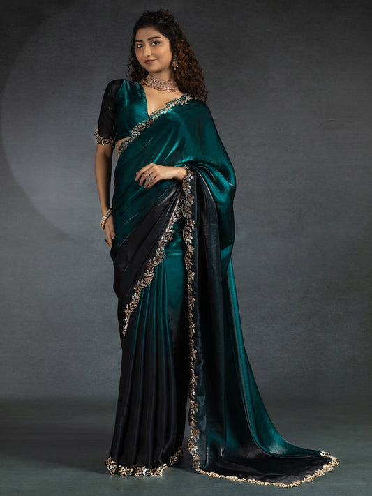 Green Teal Party Wear Satin Silk Embellished Saree